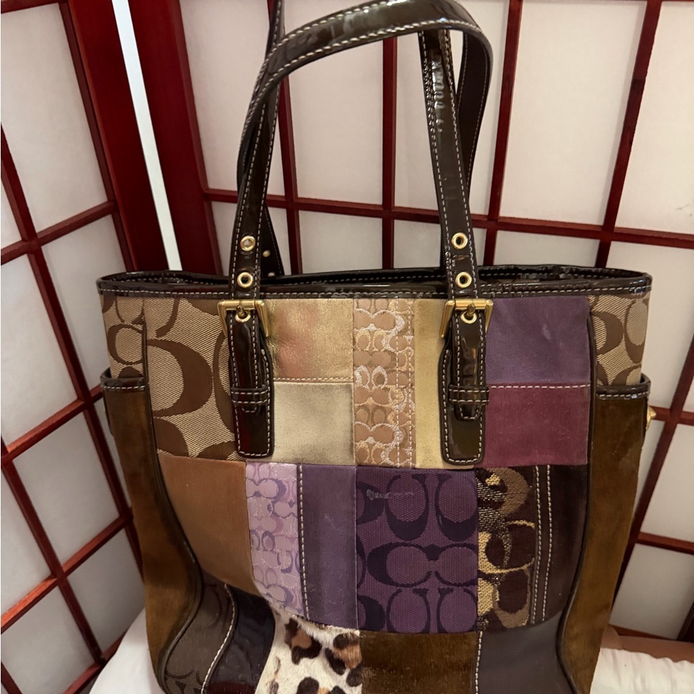 Coach Y2K Vintage Patchwork Signature Tall Tote in Brown and Purple Tones